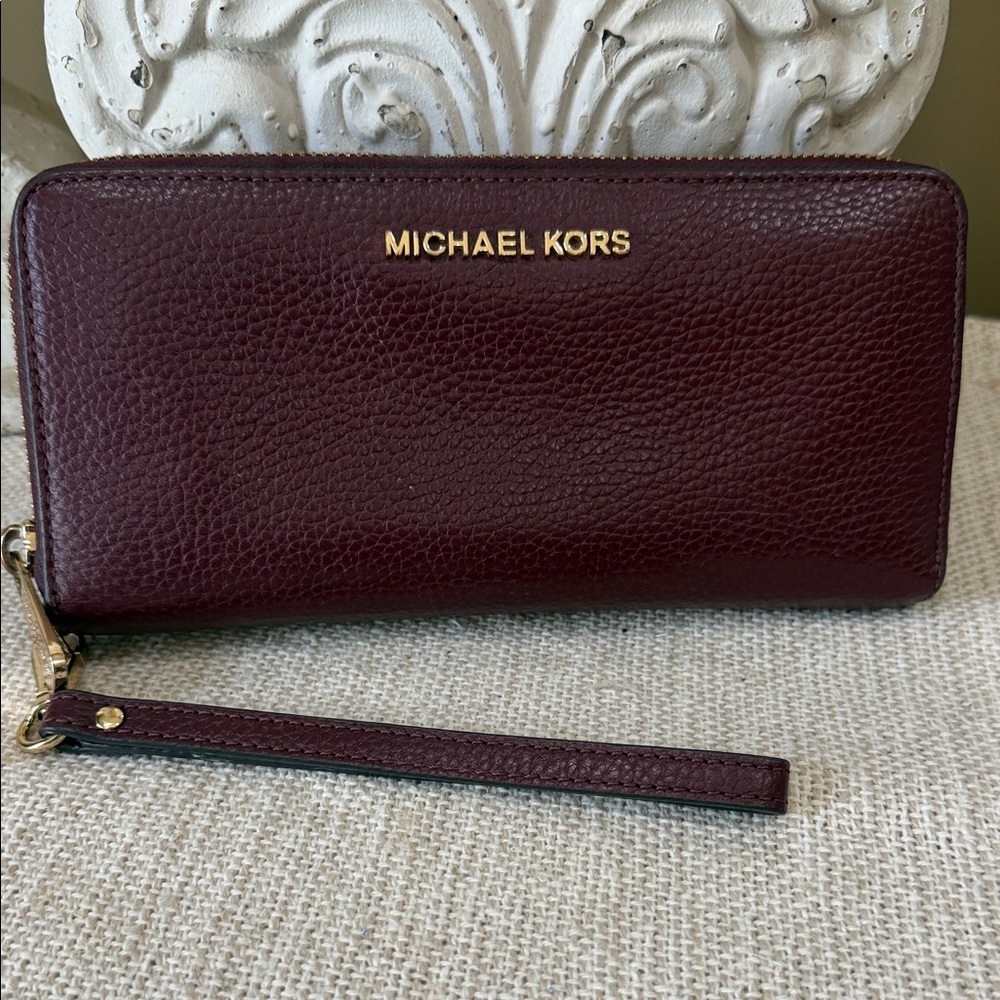 3/$18 Bundle Deal Michael Kors Burgundy Leather Zip-Around Wristlet Clutch